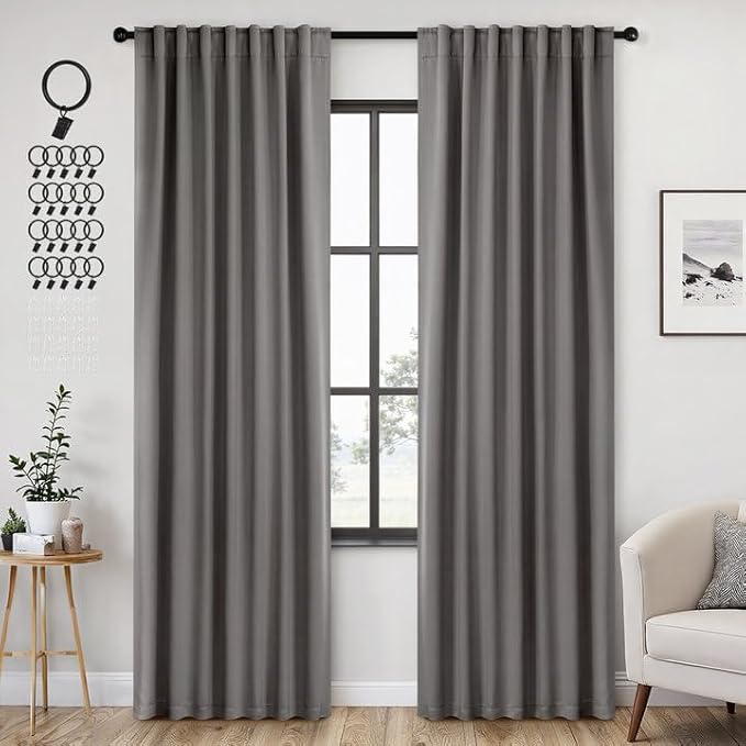 ANRODUO Back Tab Blackout Curtains for Bedroom Living Room, Rod Pocket Pinch Pleated Thermal Insulated Room Darkening Curtains 90 Inches Long 2 Panels, Grey, 52 x 90 Inch