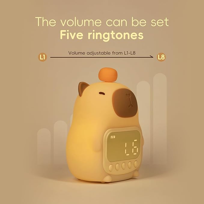 Capybara Alarm Clock with Night Light for Kids, Cute Toddler Alarm Clocks for Bedrooms Ok to Wake Clocks for Girls and Boys, Silicone Animal Tabletop Lamp for Kid, RGB Color