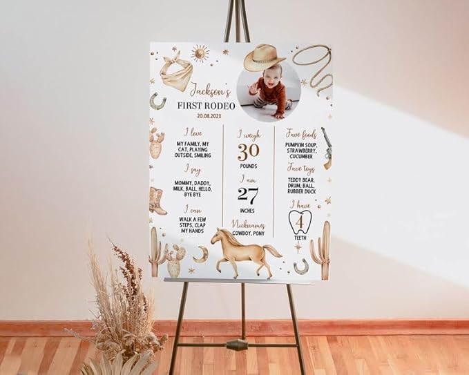 Generic Personalized First Rodeo Milestone Sign, Cowboy 1St Birthday Photo Milestone Poster, Wild West First Birthday Board, Design 015