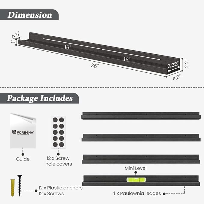 Forbena Black Photo Picture Ledge Shelf Set of 4, 36 Inch Floating Shelves with Lip for Wall, Narrow Wood Wall Shelf for Living Room Bedroom Office Album Frames Classroom Library, Conn 2 as 72 In Long