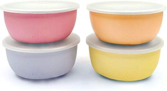 Elk and Friends Stainless Steel Bowls + Silicone Sleeve and Storage Lid | Baby, Toddler, Kids | Cereal & Snack Bowls | Storage Containers | Dishwasher Safe | 4 Pack