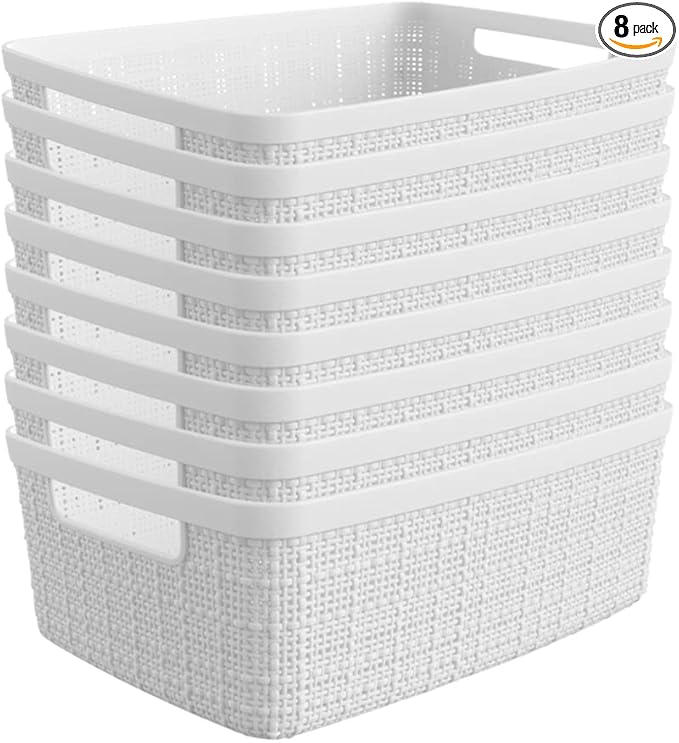 Curver Set of 8 Jute Small Decorative Plastic Organization and Storage Baskets, Perfect Bins for Home Office, Closet Shelves, Kitchen Pantry and All Bedroom Essentials