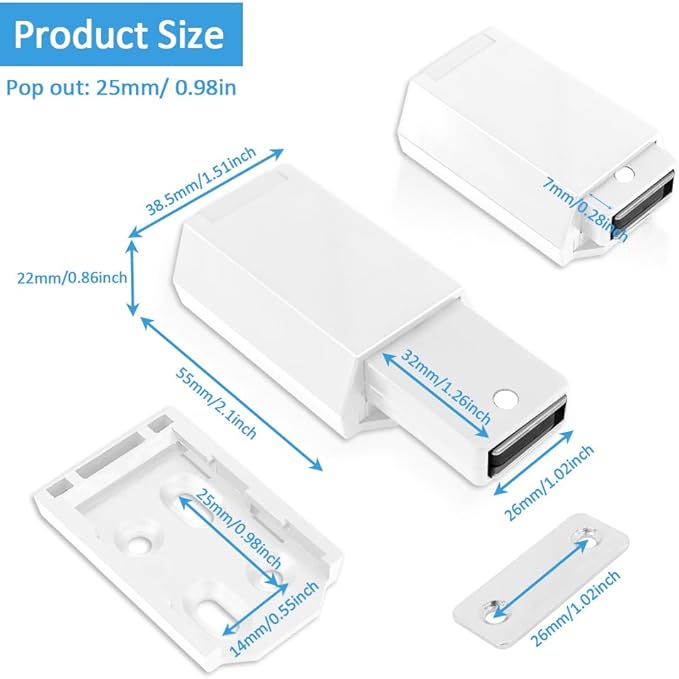 Heavy Duty Push to Open Door Latch, 2 Pack White Magnetic Push Latches, Hidden Push Touch Latch Hardware for Push to Open Cabinet, Magnetic Door Catch for Cabinet Drawer Wardrobe Kitchen Door