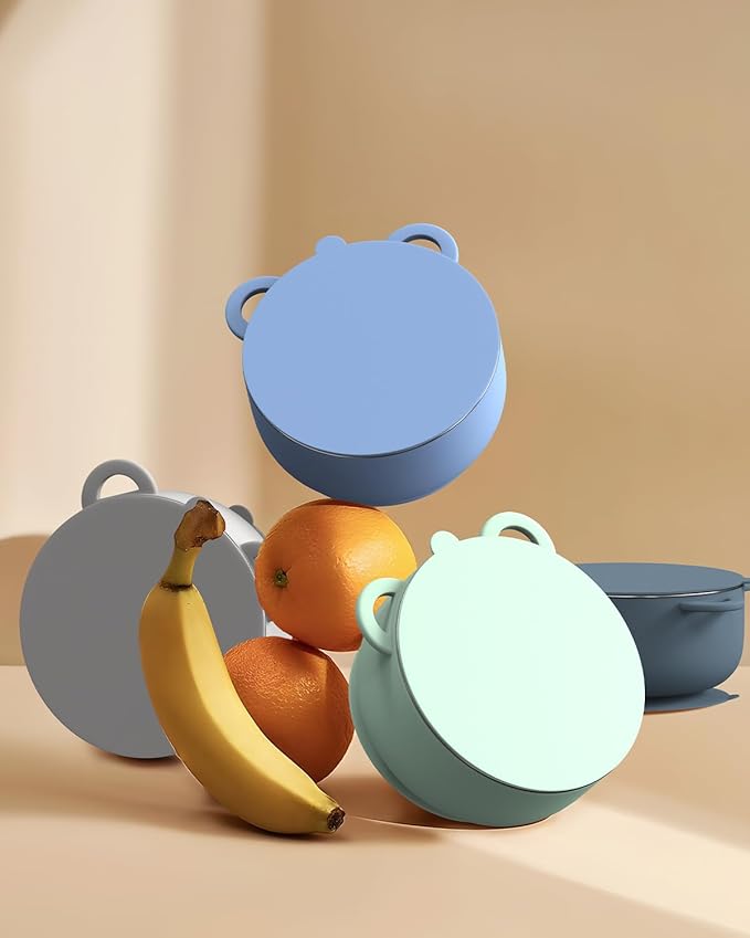 Baby Suction Bowls with Lids 4-Pack, 2-in-1 Stainless Steel 304 Toddler Bowl & Removable Silicone Suction Kids Bowl Plate Set Non Toxic Snack Dishes for Self-Feeding, Ocean Explorer Set