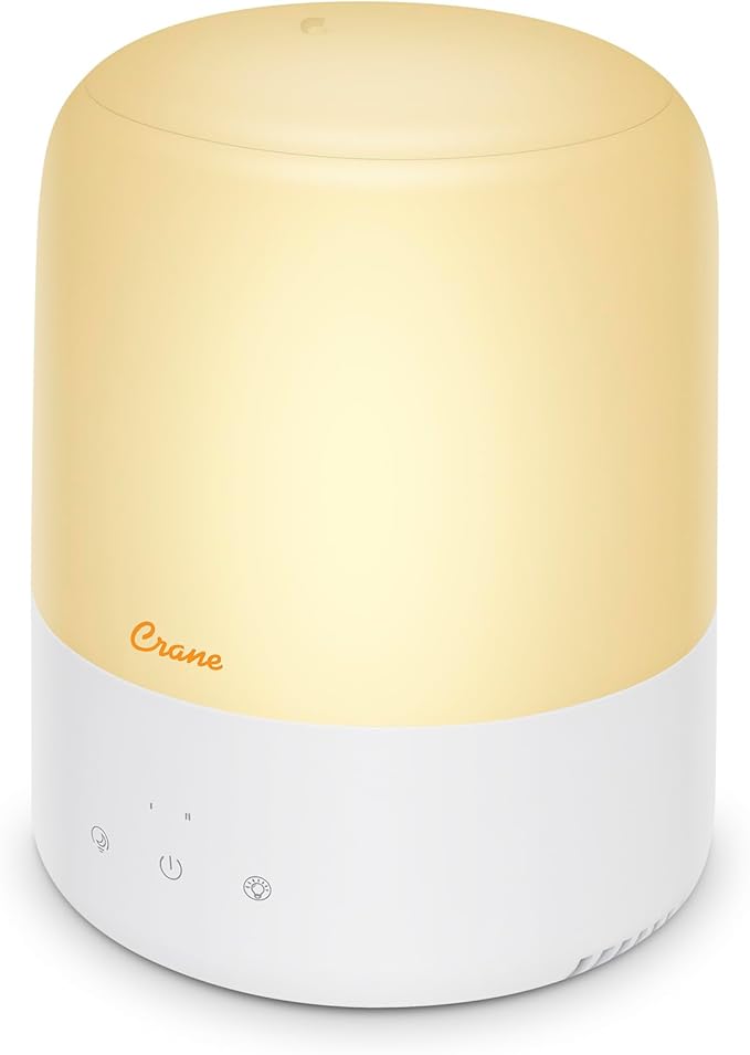 Crane Top Fill Mini Humidifier for Bedroom and Nursery 3-in-1 Essential Oil Diffuser Sleep Light 0.5 Gallon Baby Humidifier