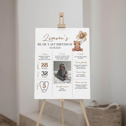 Generic Personalized Beary First Birthday Milestone Poster, Teddy Bear Photo Milestone Sign, Boho Brown Bear Party Stats Board, Design 08