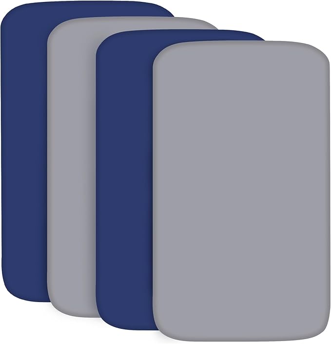 4-Pack Fitted Pack and Play Sheets for Boys and Girls - Breathable, Soft Microfiber Baby Sheets in Grey and Navy