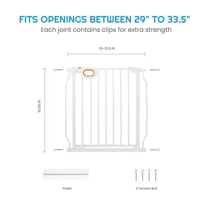 Baby Safety Gate for Stairs 29-33 Inch Wide, Safety House Gate for Baby Pet Gate with Door Pressure Mounting Gates for Kids Toddler Dogs Indoor Stairway Doorway White (30.5'' Tall)