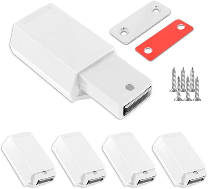 Heavy Duty Push to Open Door Latch, 5 Pack White Magnetic Push Latches, Hidden Push Touch Latch Hardware for Push to Open Cabinet, Magnetic Door Catch for Cabinet Drawer Wardrobe Kitchen Door