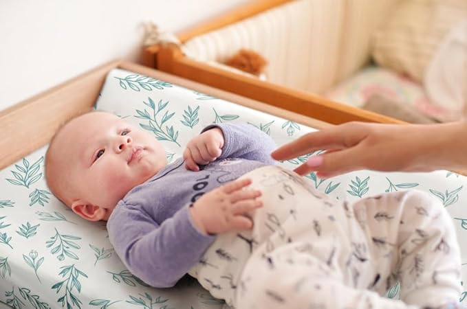 4 Pack Sage Green Fitted Nursery Sheets Breathable Neutral Unisex Baby Sheets for Boys or Girls with Leaf and Flower Design (Changing Pad Cover)