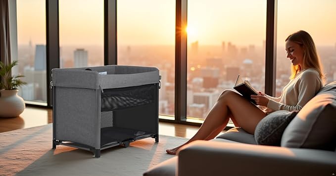 Evolur Zane Portable Playard with Instant Fold, Removable Mattress Cover & Full-Size Zipper Bassinet – Lightweight Travel Crib for Infant (0–18 Months) Grey