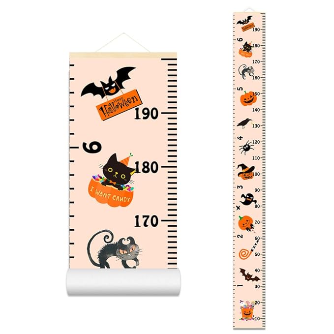 Halloween Baby Height Growth Chart - Canvas Height Chart for Kids Baby Child Toddler Boys Girls Growth Chart for Wall Room Nursery Decor Hangable and Removable Measuring Wall Ruler (A, Black Wood)