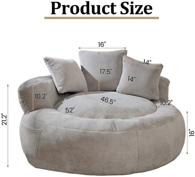 Bean Bag Chair for Adults, Comfortable Bean Bag Sofa with Back Support and Pillows, Giant Bean Bag Chairs Suitable for Living Rooms, Bedrooms and Apartments -Light Gray