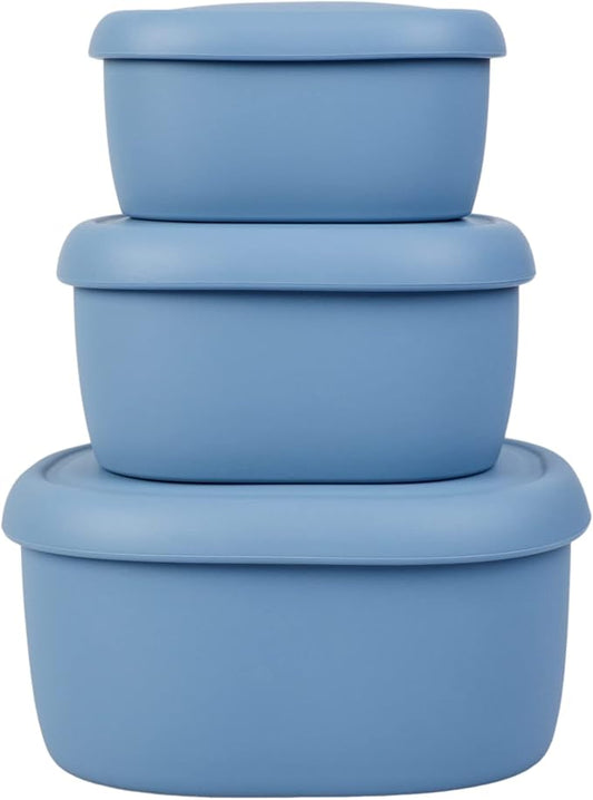 BLUE GINKGO Nesting Silicone Containers - Set of 3 Hard-Shell Silicone Food Storage Containers | BPA Free, Airtight, Dishwasher and Freezer Safe (6.7oz, 10oz, 20oz) - Blue