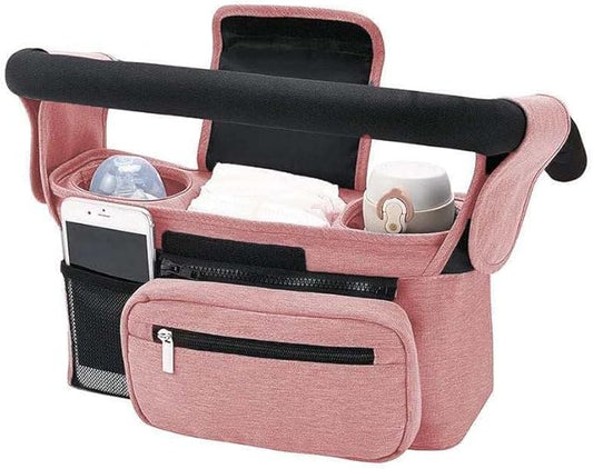 Universal Stroller Organizer with Insulated Cup Holder, Detachable Phone Bag, Shoulder Strap – Fits All Stroller Types, Keeps Drinks Hot/Cold (Pink)