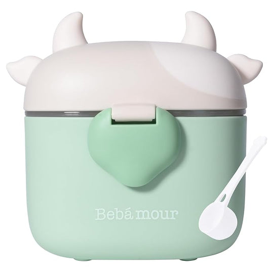 Bebamour Baby Formula Dispenser On The Go, Formula Container to Go, Formula Holder for Travel, Candy Fruit Snack Storage Container with Scoop and Leveller (Light Green Cow)