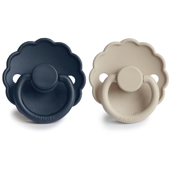 FRIGG Daisy SilkySoft Silicone Baby Pacifier | Made in Denmark | BPA-Free (Dark Navy/Sandstone, 6-18 Months)
