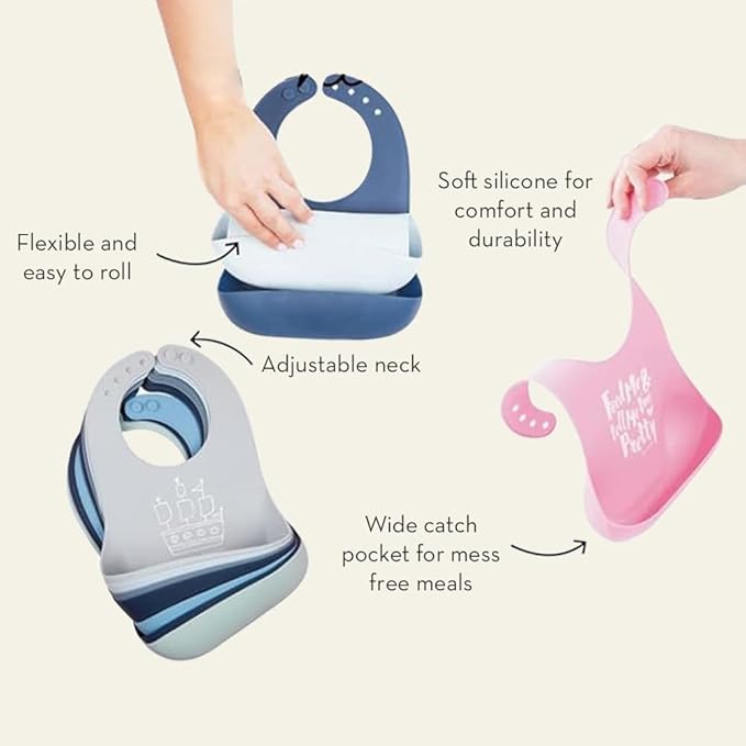 Baby Bib for Eating by Bella Tunno, Set of 2 Waterproof Silicone Bibs with Large Food Catcher, Adjustable Fit for Babies 4-12 months & Toddlers 1-3 Years, Boys & Girls, Food Critic & First Bite