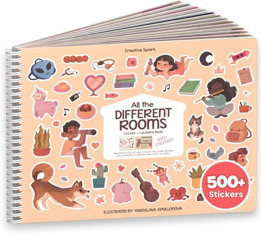 Fashion Sticker Book Activity for Kids, All The Different Rooms by Cupkin, Toddler Airplane Travel Essentials, 500+ Stickers for Kids 12 Scenes + Coloring Book Pages, Child's Gift, Crafts Ages 2-8