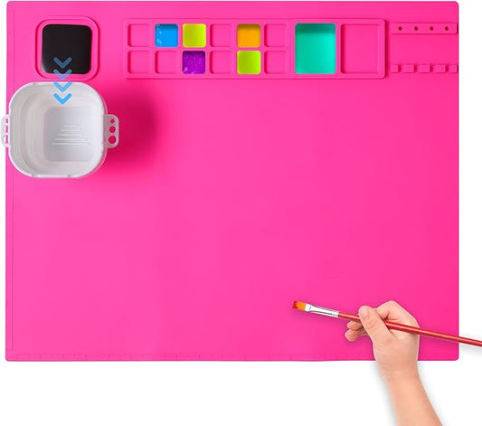 AWOKE Silicone Painting Mat - 20"X16" Silicone Art Mat with 1 Water Cup for Kids - Craft Mat has12 Color Dividers - 2 Paint Dividers (Rose)