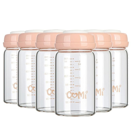 COMI Wide Neck Glass Breastmilk Collection n Storage Bottle, 6oz with Screw Ring Sealing Disk; Re-markable Sealing Disc. BPA Free, Fits Breast Pumps & Nipples (Pink Lids)
