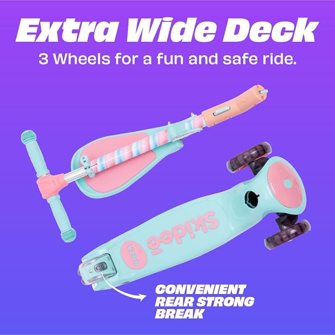 SKIDEE Kick Scooters for Kids Ages 3-5, Adjustable Height Foldable Scooter with Removable Seat, 3 LED Light Wheels, Rear Brake, Wide Standing Board, Suitable Up to 12 Year Old Boys/Girls