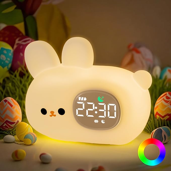 Bunny Alarm Clock with Night Light for Kids with Sleep Training and Sound Machine, Rechargeable Silicone Lamp OK to Wake Clock，Cute Animal Tabletop Lamp, Perfect Sleep Companion for Boys Girls
