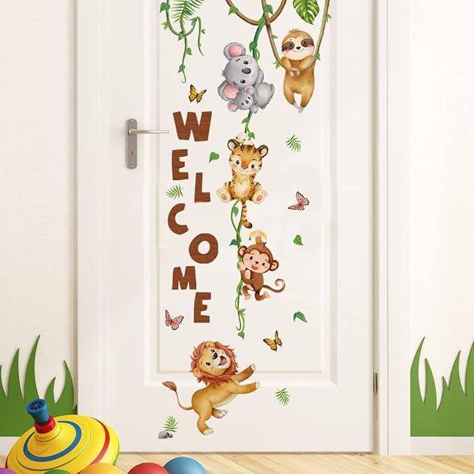 clothmile Watercolor Jungle Animal Wall Decals Welcome Animal Wall Sticker Lion Monkey Koala Wall Decals for Kids Baby Nursery Playroom Bedroom Classroom Kindergarten Wall Decor