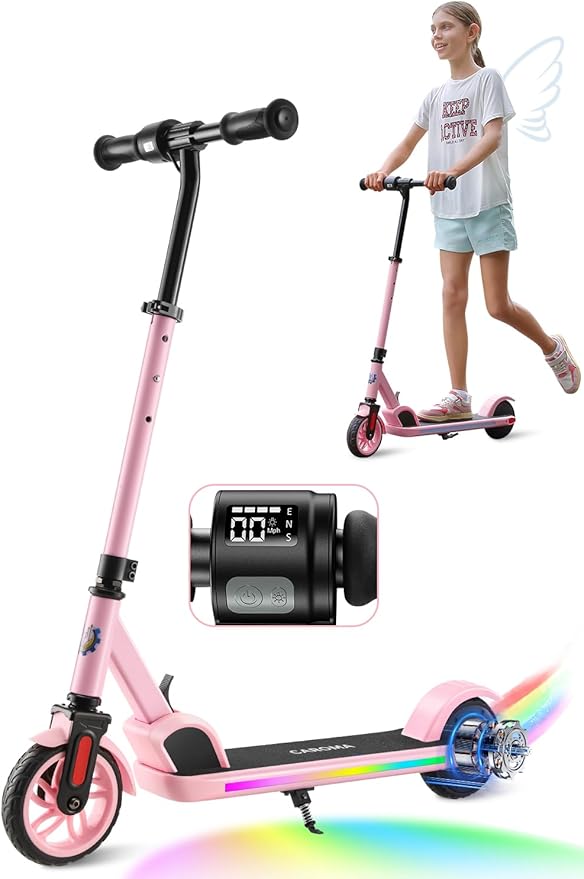 Caroma Electric Scooter for Kids Ages 6-12,150W/180WMotor,10 MPH Max Speed & 7 Miles,Colorful Lights,Adjustable Height & Speed,LED Display,Foldable Kids Electric Scooter 132 Lbs Max Load,Idea Gift