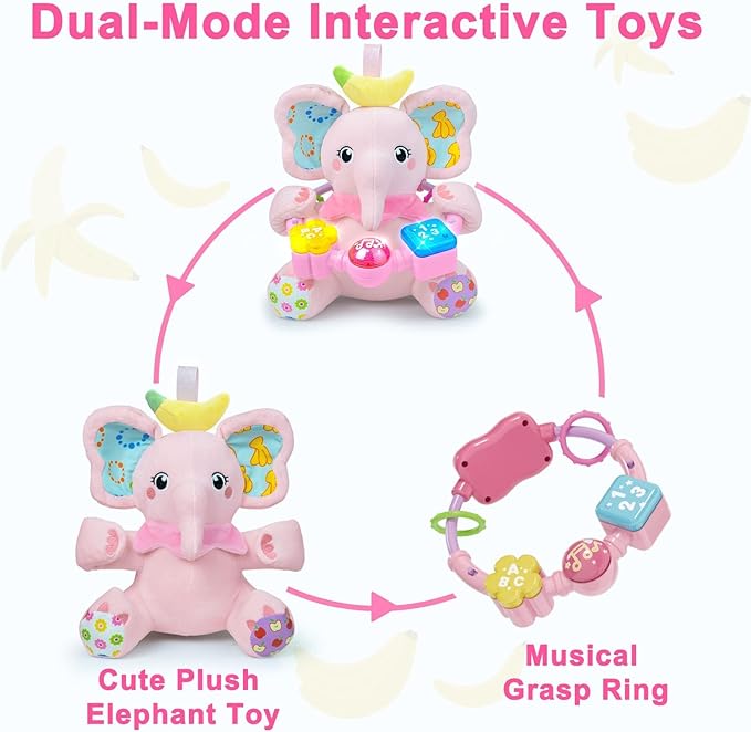 Baby Elephant Musical Stuffed Animals Toy with Light-Up Music & Crinkle Sound Paper,Infant Bilingual Early Learning Education Toys,Tummy Time Toys for 0-3-6-12+ Months Boy Girl, Pink