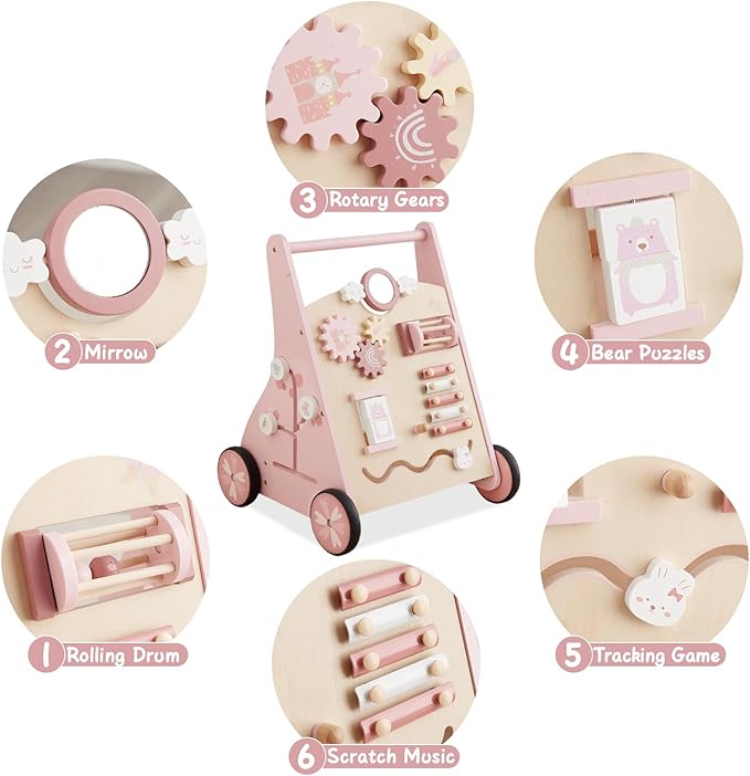 Beright Wooden Baby Walker Push and Pull Learning Activity Walker Kids’ Activity Toy Multiple Activities Center Develops Motor Skills & Stimulates Creativity(Pink)