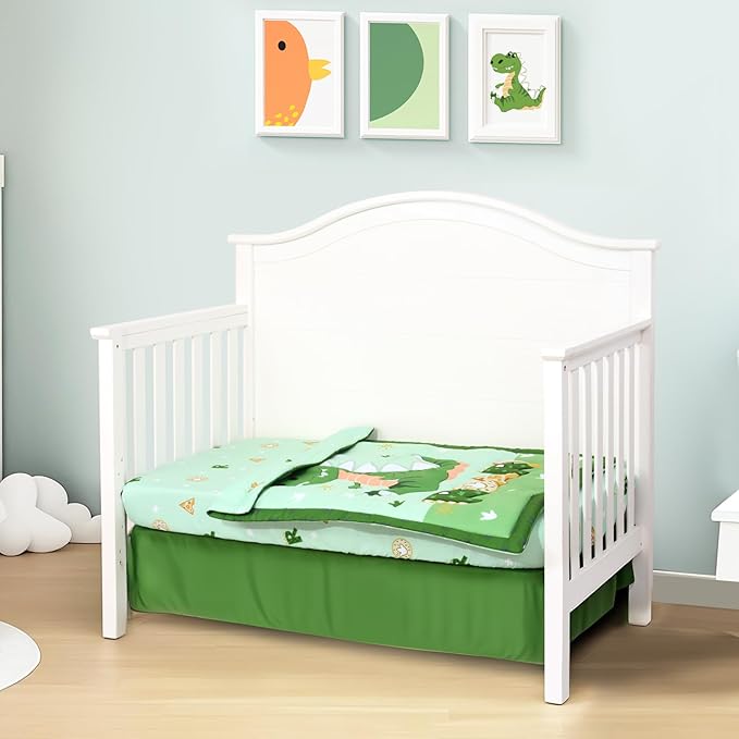 Cloele Crib Bedding Set for Boys,4 Piece Dinosaur Baby Bedding Set,Standard Size Toddler Nursery Bedding Includes Comforter,Crib Skirt,Fitted Sheet&Pillowcase,Soft Dinosaur Blanket-Green