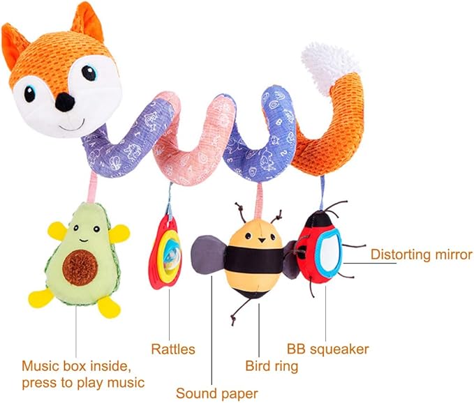 Car Seat Toys, Baby Plush Spiral Hanging Toys for Stroller Crib Bar Bassinet Car Seat Mobile with Music Box BB Squeaker Rattles- Orange Fox