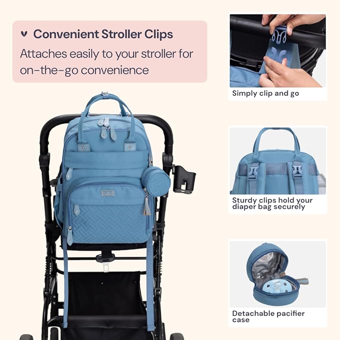 BabbleRoo Diaper Bag Backpack - Baby Essentials Travel Tote - Multi function Waterproof Diaper Bag, Travel Essentials Baby Bag with Changing Pad, Stroller Straps & Pacifier Case - Unisex, Light Blue