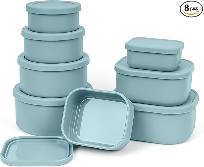 100% Silicone Food Storage Containers with Lids, 8 Pack, 10oz to 51oz, Reusable Leakproof Nesting & Stackable Silicone Bento Lunch Box, Microwave Freezer Dishwasher Oven Safe, BPA Free, Slate Green