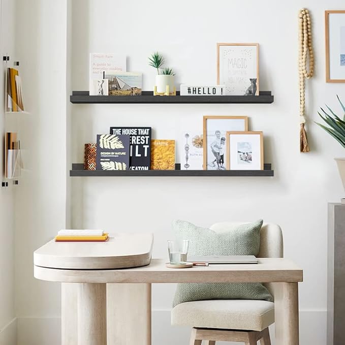 Forbena Black Photo Picture Ledge Shelf Set of 4, 36 Inch Floating Shelves with Lip for Wall, Narrow Wood Wall Shelf for Living Room Bedroom Office Album Frames Classroom Library, Conn 2 as 72 In Long