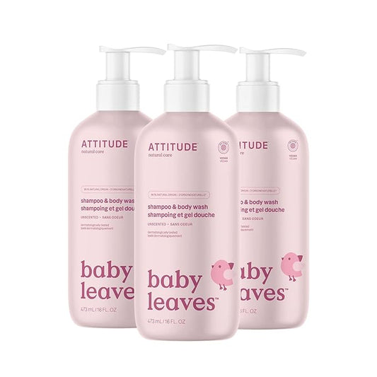 ATTITUDE 2-in-1 Shampoo and Body Wash for Baby, EWG Verified, Dermatologically Tested, Vegan, Unscented, 16 Fl Oz (Pack of 3)