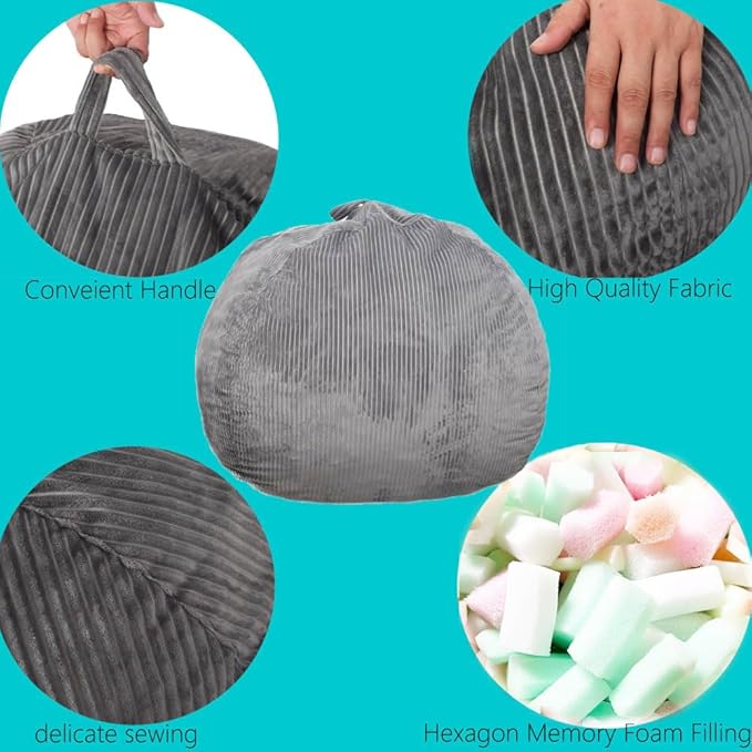 Bean Bag Chair 3Ft Luxurious Faux Rabbit Fur Memory Foam Bean Bag Chairs for Adults/Teens with Filling,Ultra Soft Faux Fur Fabric, Round Fluffy Sofa for Living Room Bedroom College Dorm (Grey)