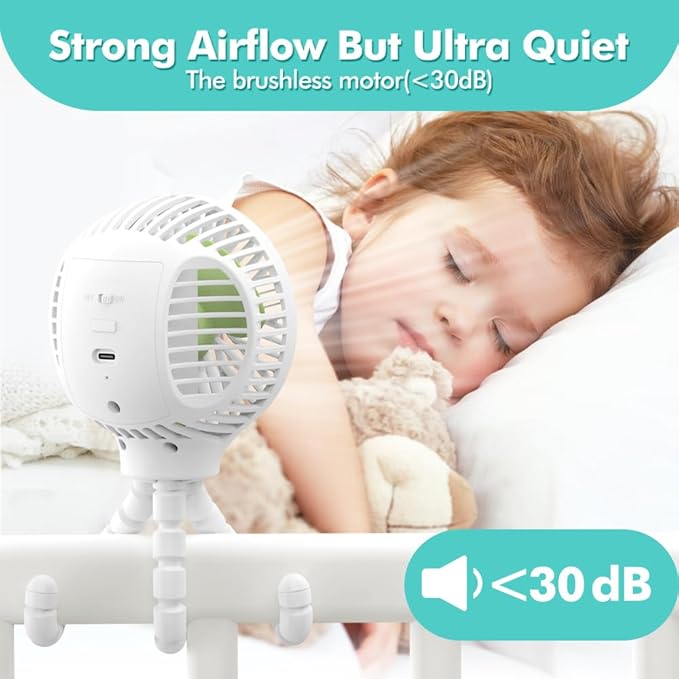 HomeLifairy Portable Stroller Fan, USB or Rechargeable Battery Operated with 3 Speeds and 360°Rotate, Cooling Clip On for Baby Crib Travel Car Seat White