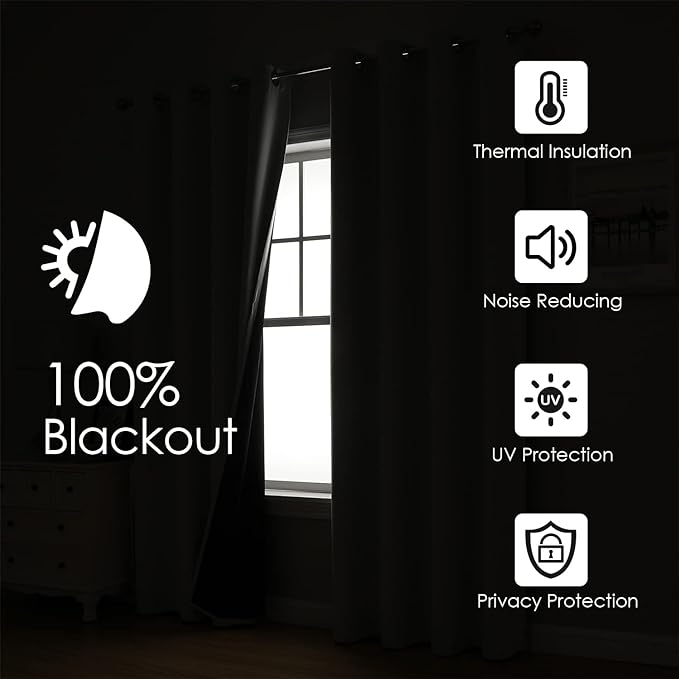 ChrisDowa 100% Blackout Curtains for Bedroom with Black Liner, 2 Thick Layers Total Blackout Thermal Insulated Grommet Window Curtains 2 Panels Set (Navy Blue, 52 x 84 Inch)