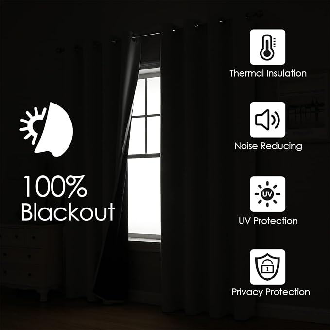 ChrisDowa 100% Blackout Curtains for Bedroom with Black Liner, 2 Thick Layers Total Blackout Thermal Insulated Grommet Window Curtains 2 Panels Set (Royal Purple, 52 x 72 Inch)