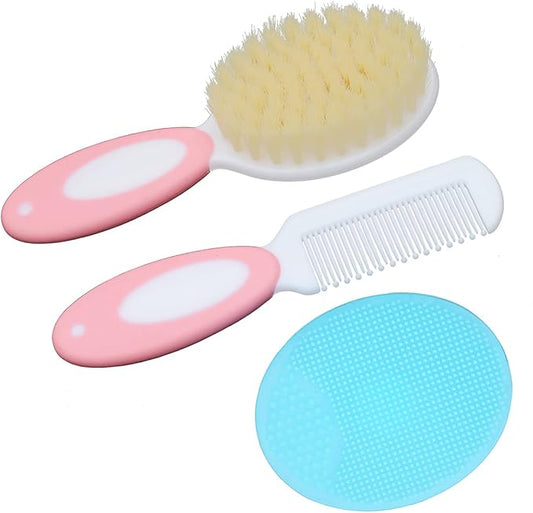 Baby Hair Brush &Silicone Baby Cradle Cap Brush Set, for Newborns & Toddlers-Natural Soft Goat Bristles-Ideal for Cradle Cap-Perfect Baby Registry Gift (Pink)