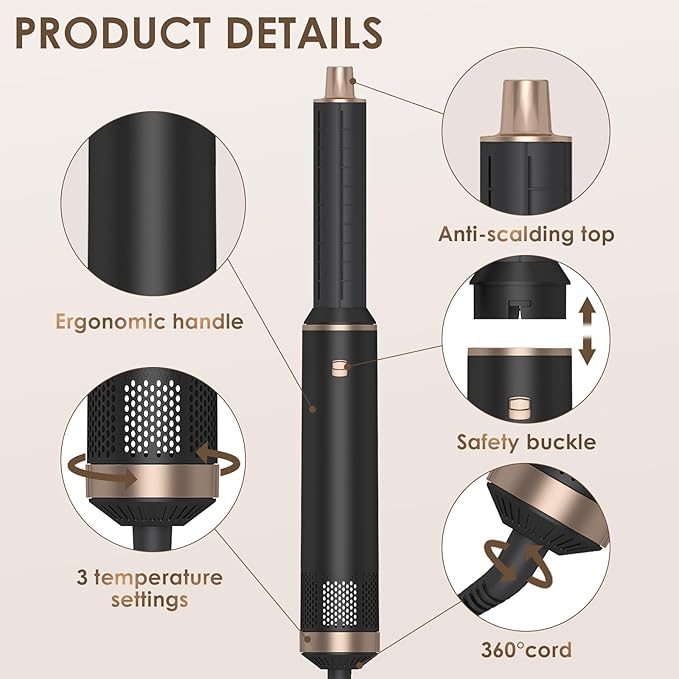 Blow Dryer Brush 5 in 1, Multi Ionic Hair Dryer Brush Set, Auto Air Wrap Hair Styler with 3 Temperature, Powerful Hair Styling Tools Set for Fast Drying, Curling, Straightening & Smoothing