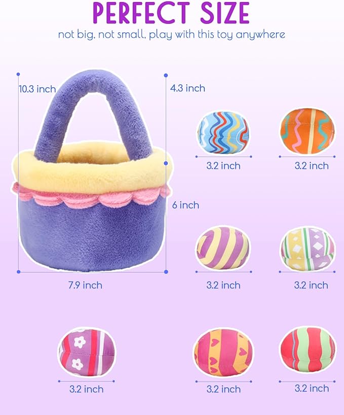 8 Piece Plush Stuffed Playset Toys with 7 Eggs, 1 Furry Bag, Soft Basket Set Sensory Toys for Girls Kids Ages 3+, Birthday Christmas Valentines Easter Party Favors Gifts