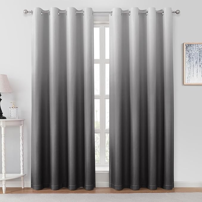 HOMEIDEAS Grey Gray Ombre Blackout Curtains 52 X 84 Inch Length Gradient Room Darkening Thermal Insulated Energy Saving Grommet 2 Panels Window Drapes for Living Room, Bedroom