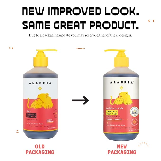 Alaffia Babies and Kids Shampoo and Body Wash, Gentle and Calming Support for Soft Hair and Skin with Shea Butter, Neem, and Coconut Oil, Fair Trade, Coconut Strawberry, 16 Fl Oz