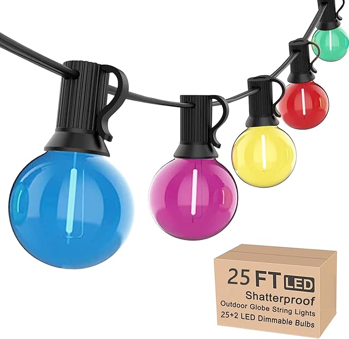 G40 LED Outdoor String Lights，25Ft Globe Multicolor Christmas Decorations String Lights with 27 Shatterproof LED Bulbs, Hanging Outdoor Patio Lights for Outside Backyard Porch Balcony Party- Black