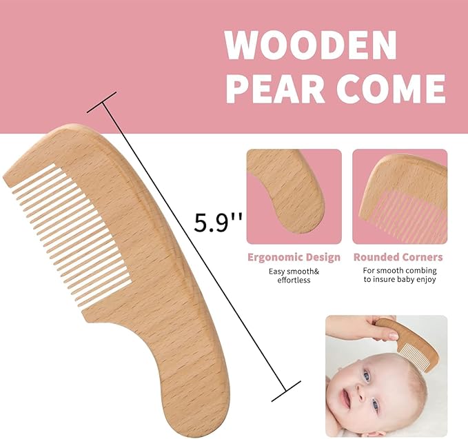 Goat Baby Hair Brush Set, Safe Natural Hair Care Kit with Wooden Soft Goat Bristles Brush Comb Pink Silicone Bath Brush for Newborns Toddlers (4pcs Set)