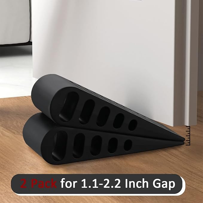 JQK Rubber Door Stopper Wedge, Black 2 Pack Soft TPR Premium Door Stops for Bottom of Heavy Duty Door on Tile, Concrete, Carpet, Wooden Floor, DSB61-BK-P2