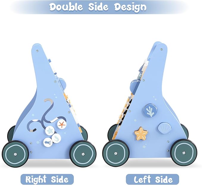 Beright Wooden Baby Walker Push and Pull Learning Activity Walker with Wheels Montessori Walker Toy Multiple Activities Center Develops Motor Skills & Stimulates Creativity (Blue)